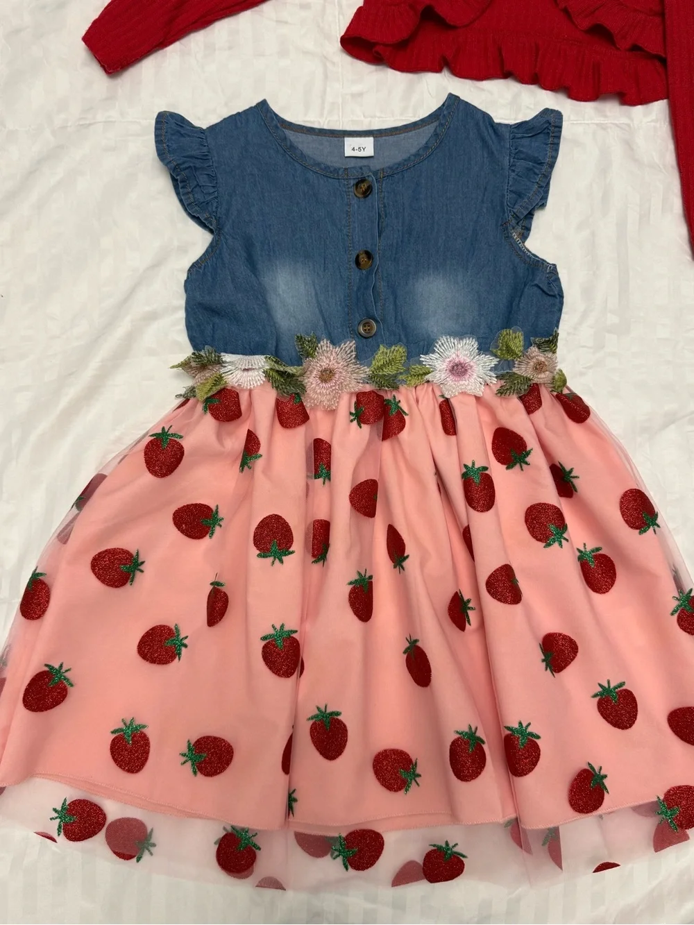 Denim & Strawberry Pink Tulle Dress with Red Ruffle Cardigan